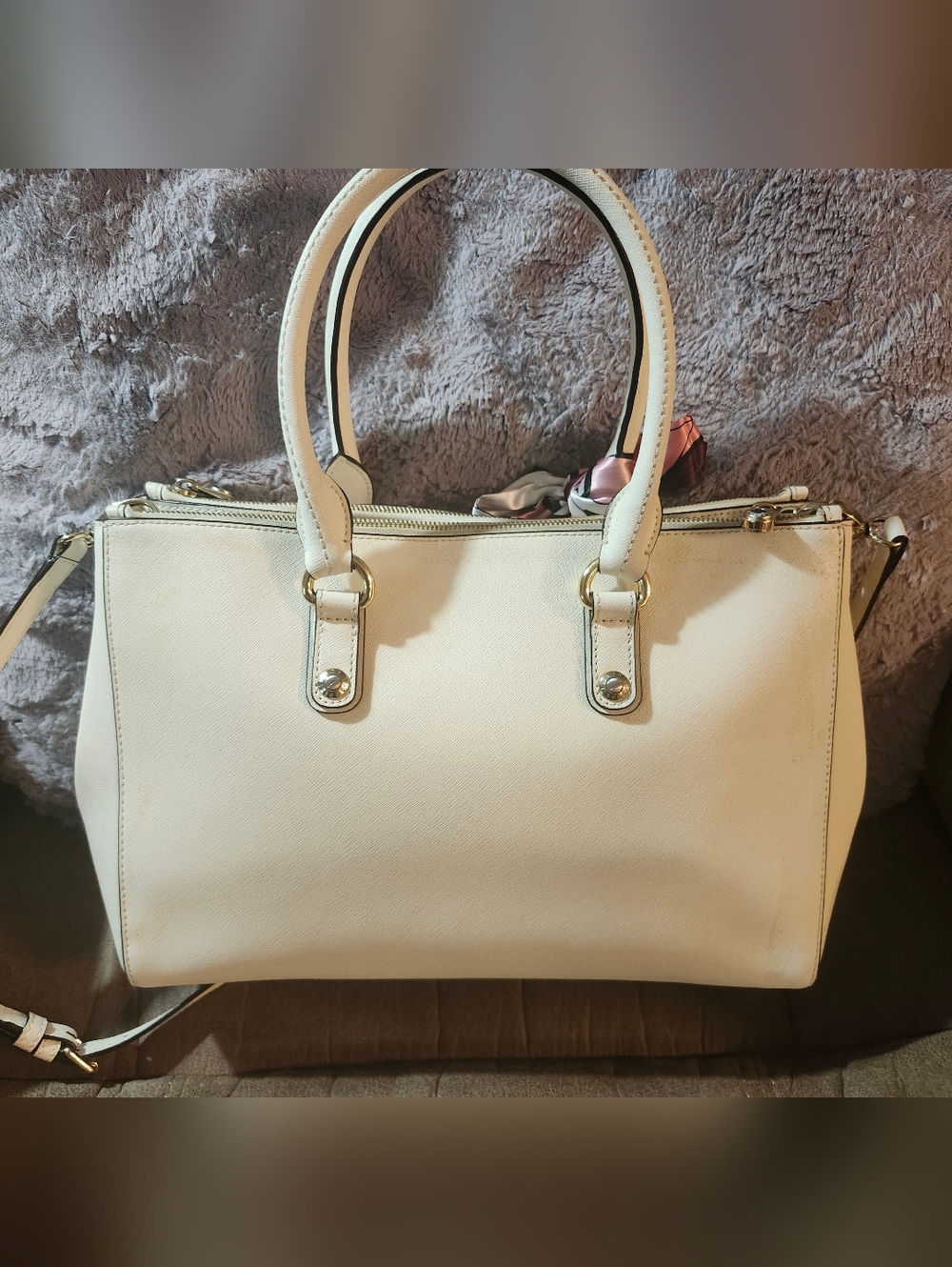 Henri Bendel Off White Saffiano Leather Structured Dual Handle Tote W Strap, EUC - Picture 4 of 16